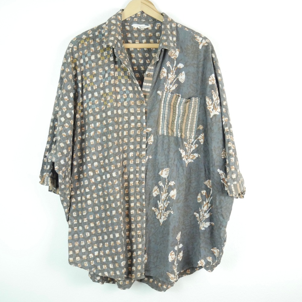 Marketplace Handwork of India Cotton Block Print Embroidered Shirt XS-S Grey